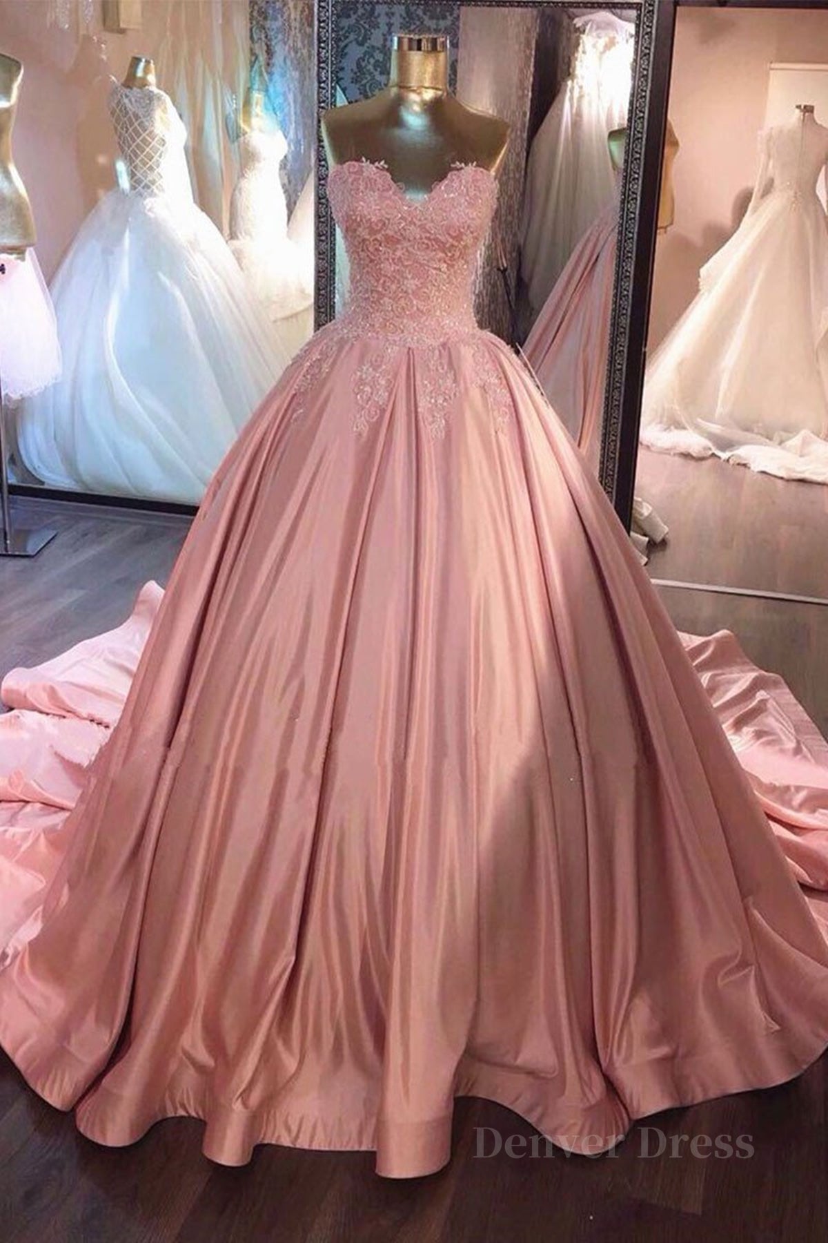 kamahe Sweetheart Neck Pink Lace Prom Dresses, Pink Lace Long Formal Evening Dresses