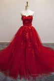 kamahe Sweetheart Neck Red Lace Floral Long Prom Dresses, Red Lace Formal Evening Dresses, Red Ball Gown