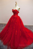 kamahe Sweetheart Neck Red Lace Floral Long Prom Dresses, Red Lace Formal Evening Dresses, Red Ball Gown