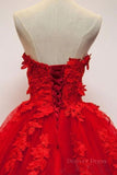 kamahe Sweetheart Neck Red Lace Floral Long Prom Dresses, Red Lace Formal Evening Dresses, Red Ball Gown