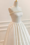 kamahe Thin Straps Open Back Ivory Satin Long Prom Dresses with Pearls, Long Ivory Formal Graduation Evening Dresses