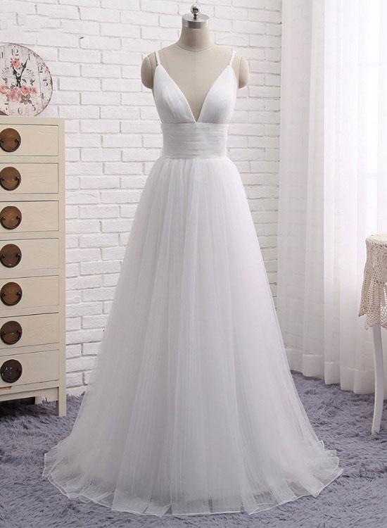 solvbao Charming White Tulle V-neckline Straps Party Dress, Simple Beach Wedding Dress