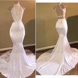 kamahe Trendy White Mermaid High-Neck Sleeveless Prom Party Gowns