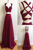 kamahe Two Pieces Burgundy Chiffon Long Prom Dresses, 2 Pieces Wine Red Long Formal Evening Dresses