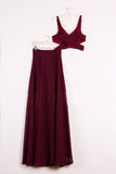 kamahe Two Pieces Burgundy Long Prom Dresses, Dark Wine Red 2 Pieces Long Formal Bridesmaid Dresses