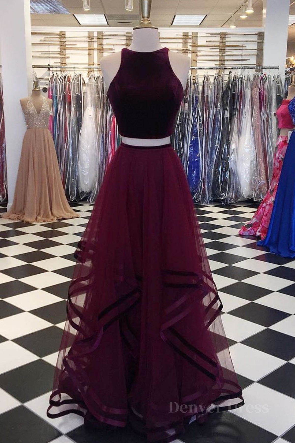 kamahe Two Pieces Maroon Long Prom Dress, Dark Burgundy 2 Pieces Formal Evening Dresses