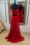 kamahe Two Pieces Red Long Prom Dresses, 2 Pieces Red Long Formal Evening Dresses