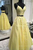 kamahe Two Pieces V Neck Yellow Lace Long Prom Dresses, 2 Pieces Yellow Formal Dresses, Yellow Lace Evening Dresses