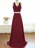 solvbao Wine Red Two Piece Chiffon Party Dress , Two Piece Formal Gowns, Prom Dress