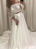 solvbao White Satin and Applique Two Piece Prom Dress, Short Sleeves Party Dress, Junior Prom Dress