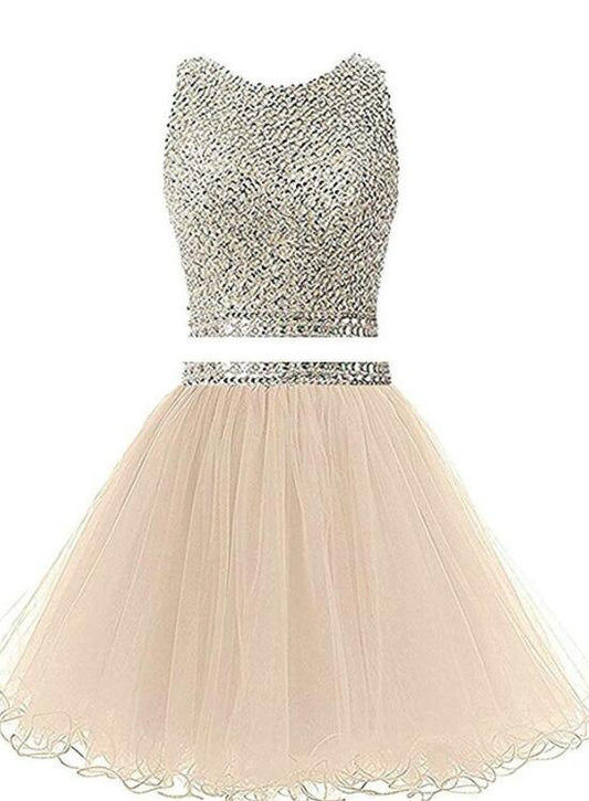 solvbao Two Piece Champagne Cute Short Sequins Party Dress, Round Neckline Prom Dress Homecoming Dress