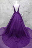 Solvbao Glam Purple V-neckline Tulle Beaded and Lace Formal Gown, Purple Long Prom Dresses