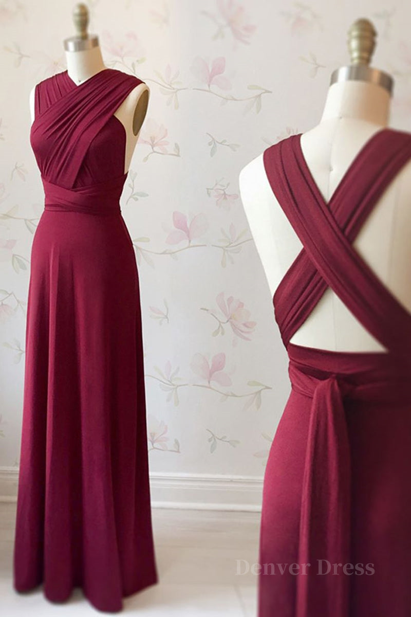 kamahe Unique Burgundy Long Prom Dress with Cross Back, Burgundy Formal Graduation Evening Dress, Burgundy Bridesmaid Dress