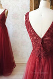 kamahe V Neck and V Back Burgundy Lace Long Prom Dresses, Open Back Burgundy Formal Dresses, Burgundy Lace Evening Dresses