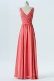 kamahe V Neck and V Back High Low Coral Chiffon Long Prom Dresses, Long Coral Formal Evening Bridesmaid Dresses with Slit