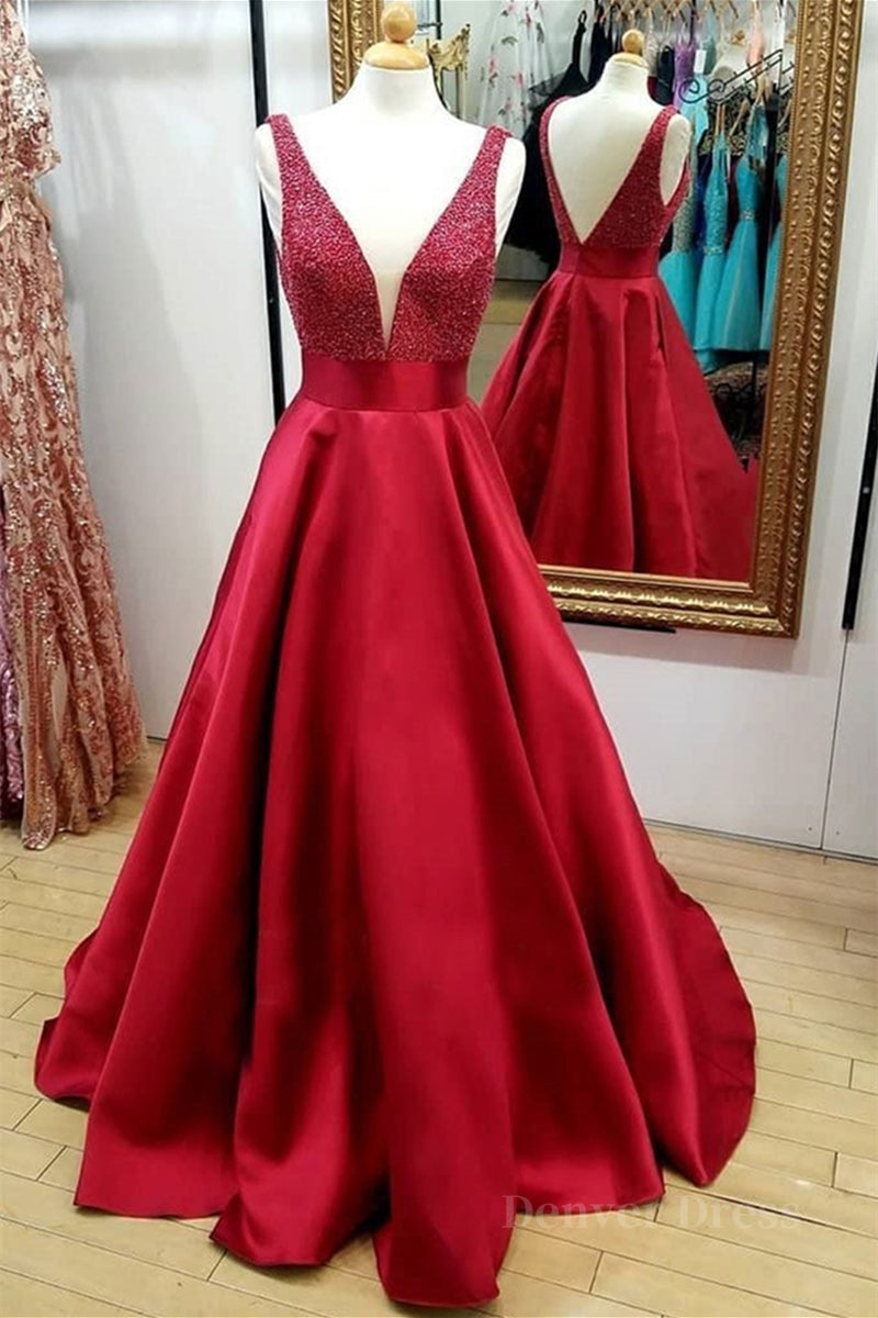 kamahe V Neck and V Neck Sequins Burgundy Long Prom Dress, V Neck Burgundy Formal Graduation Evening Dress