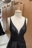 kamahe V Neck Backless Black Satin Long Prom Dresses, Backless Black Formal Dresses, Black Evening Dresses