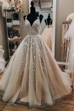 kamahe V Neck Backless Champagne Tulle Lace Long Prom Dresses, Champagne Lace Formal Evening Dresses, Champagne Ball Gown