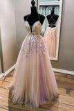 kamahe V Neck Backless Pink Lace Floral Long Prom Dress, Pink Lace Formal Dress, Pink Evening Dress