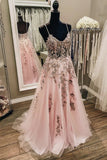 kamahe V Neck Backless Pink Lace Long Prom Dress, Long Pink Lace Formal Evening Dress