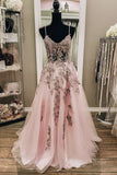 kamahe V Neck Backless Pink Lace Long Prom Dress, Long Pink Lace Formal Evening Dress