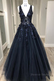 kamahe V Neck Beaded Black Lace Appliques Long Prom Dress, Black Lace Formal Graduation Evening Dress