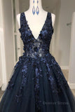 kamahe V Neck Beaded Black Lace Appliques Long Prom Dress, Black Lace Formal Graduation Evening Dress