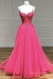 kamahe V Neck Beaded Hot Pink Lace Tulle Long Prom Dresses, Hot Pink Lace Formal Dresses, Hot Pink Evening Dresses