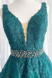 kamahe V Neck Dark Green Lace Prom Dresses, Dark Green Lace Formal Evening Dresses