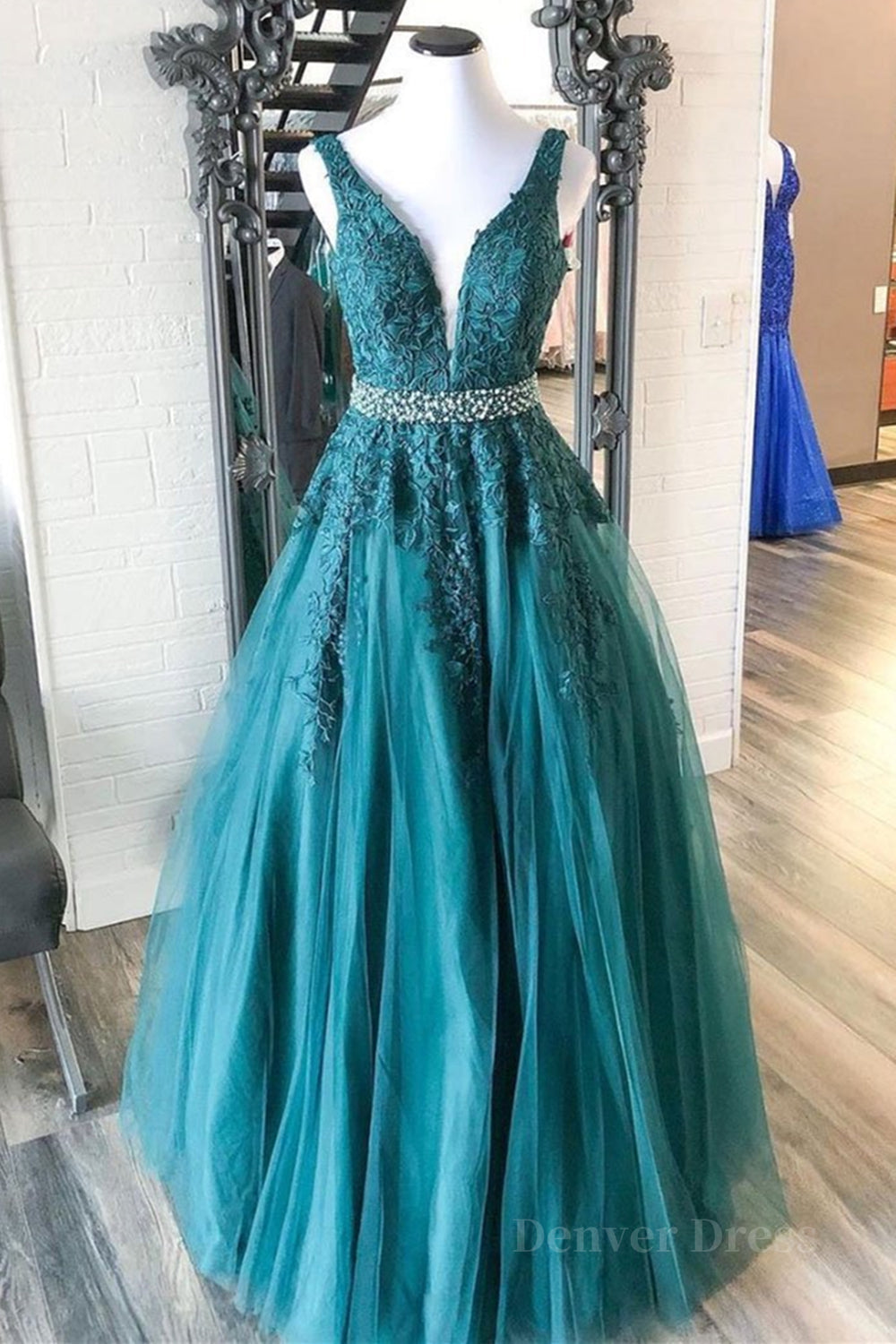 kamahe V Neck Green Lace Long Prom Dress with Beaded Belt, Long Green Lace Formal Evening Dress