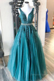 kamahe V Neck Green Lace Long Prom Dress with Beaded Belt, Long Green Lace Formal Evening Dress