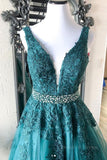 kamahe V Neck Green Lace Long Prom Dress with Beaded Belt, Long Green Lace Formal Evening Dress