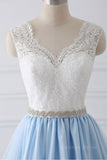 kamahe V Neck Light Blue Lace Prom Dresses, Light Blue Lace Formal Evening Dresses