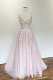 kamahe V Neck Light Pink Tulle Lace Prom Dresses, Light Pink Tulle Lace Formal Evening Dresses