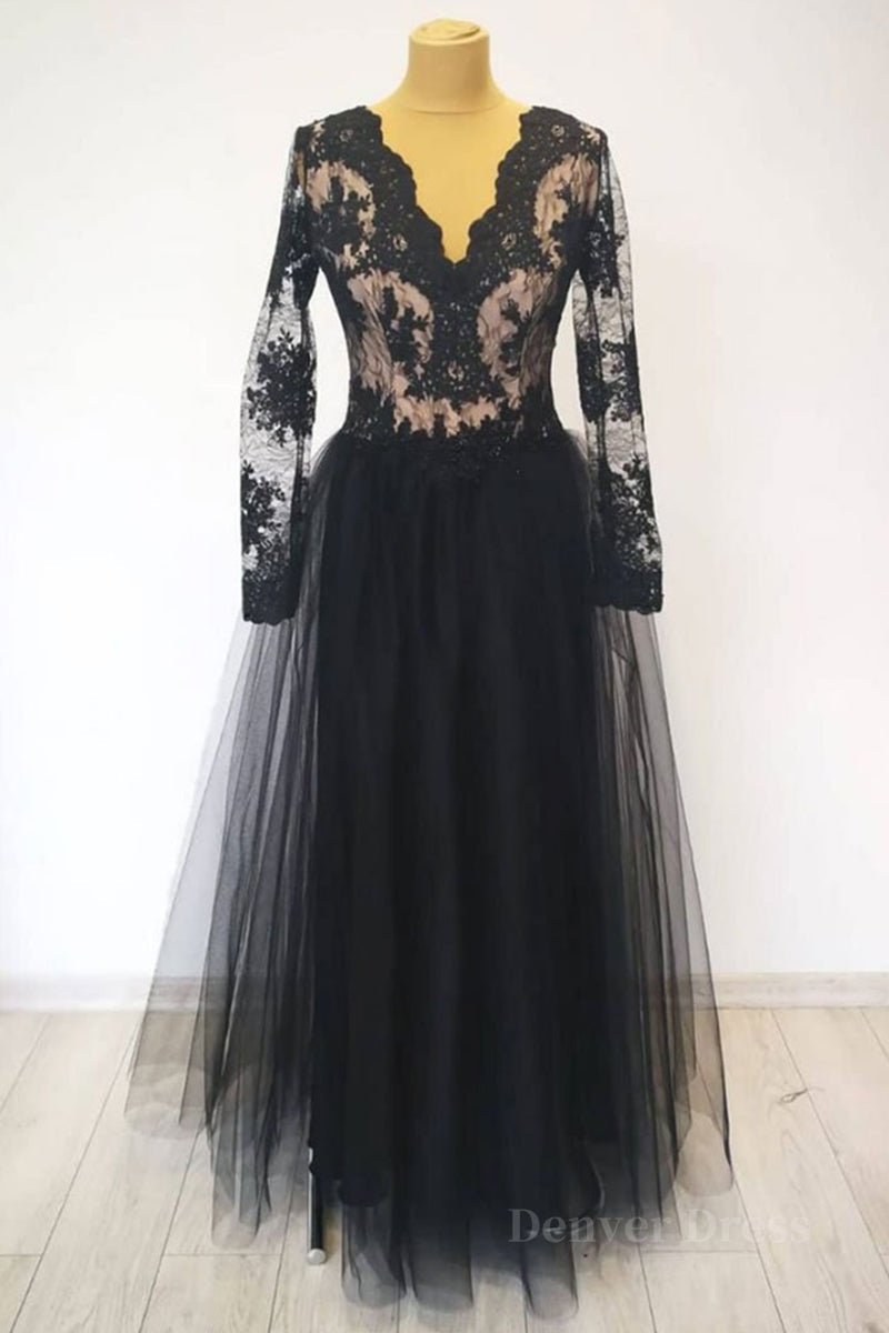 kamahe V Neck Long Sleeves Black Lace Long Prom Dress, Long Sleeves Black Lace Formal Dress, Black Lace Evening Dress