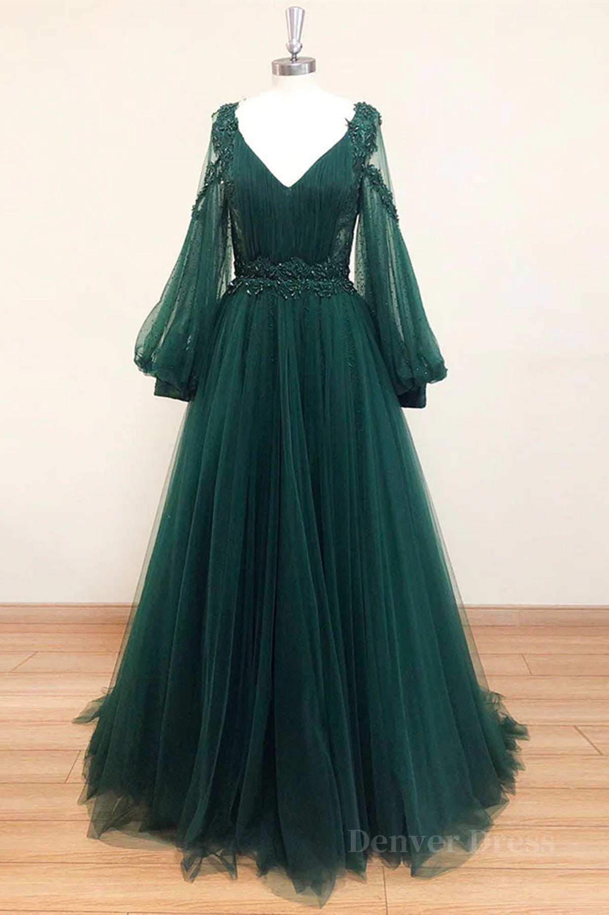 kamahe V Neck Long Sleeves Green Lace Prom Dresses, V Neck Green Lace Formal Evening Dresses