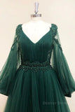 kamahe V Neck Long Sleeves Green Lace Prom Dresses, V Neck Green Lace Formal Evening Dresses