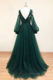 kamahe V Neck Long Sleeves Green Lace Prom Dresses, V Neck Green Lace Formal Evening Dresses