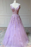 kamahe V Neck Off Shoulder Long Lilac Lace Prom Dress, Off Shoulder Purple Lace Formal Graduation Evening Dress