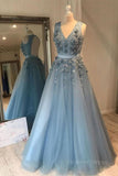 kamahe V Neck Open Back Beaded Blue Long Prom Dress with 3D Flowers, Open Back Blue Formal Graduation Evening Dress