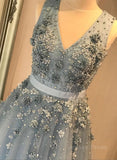 kamahe V Neck Open Back Beaded Blue Long Prom Dress with 3D Flowers, Open Back Blue Formal Graduation Evening Dress