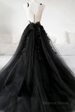 kamahe V Neck Open Back Black Tulle Lace Floral Long Prom Dresses, Black Lace Formal Evening Dresses with Appliques