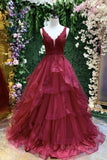 kamahe V Neck Open Back Burgundy Lace Long Prom Dress, Burgundy Lace Formal Evening Dress, Burgundy Ball Gown