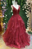 kamahe V Neck Open Back Burgundy Lace Long Prom Dress, Burgundy Lace Formal Evening Dress, Burgundy Ball Gown