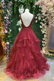 kamahe V Neck Open Back Burgundy Lace Long Prom Dress, Burgundy Lace Formal Evening Dress, Burgundy Ball Gown