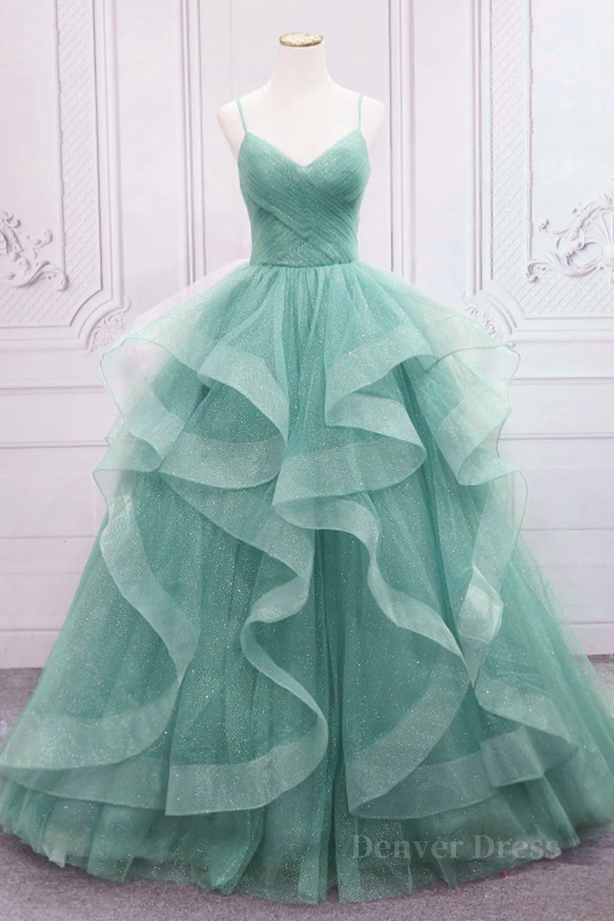 kamahe V Neck Open Back Fluffy Green Tulle Long Prom Dresses, Green Formal Evening Dresses, Ball Gown