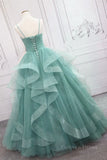 kamahe V Neck Open Back Fluffy Green Tulle Long Prom Dresses, Green Formal Evening Dresses, Ball Gown