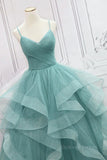 kamahe V Neck Open Back Fluffy Green Tulle Long Prom Dresses, Green Formal Evening Dresses, Ball Gown