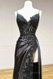 kamahe V Neck Open Back Mermaid Black Lace Long Prom Dress, Mermaid Black Lace Formal Dresses