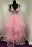 kamahe V Neck Open Back Pink Lace Puffy Tulle Long Prom Dresses, Pink Lace Formal Dresses, Pink Evening Dresses